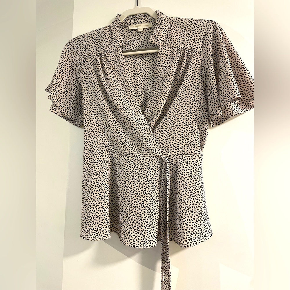 Blouse (Peplum; Flowy Sleeves; Cream & Black; Waist Tie)